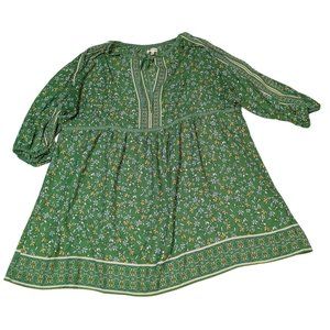 Max Studio Green Floral Boho Peasant Blouse XL Cotton/Rayon 3/4 Sleeves Pullover